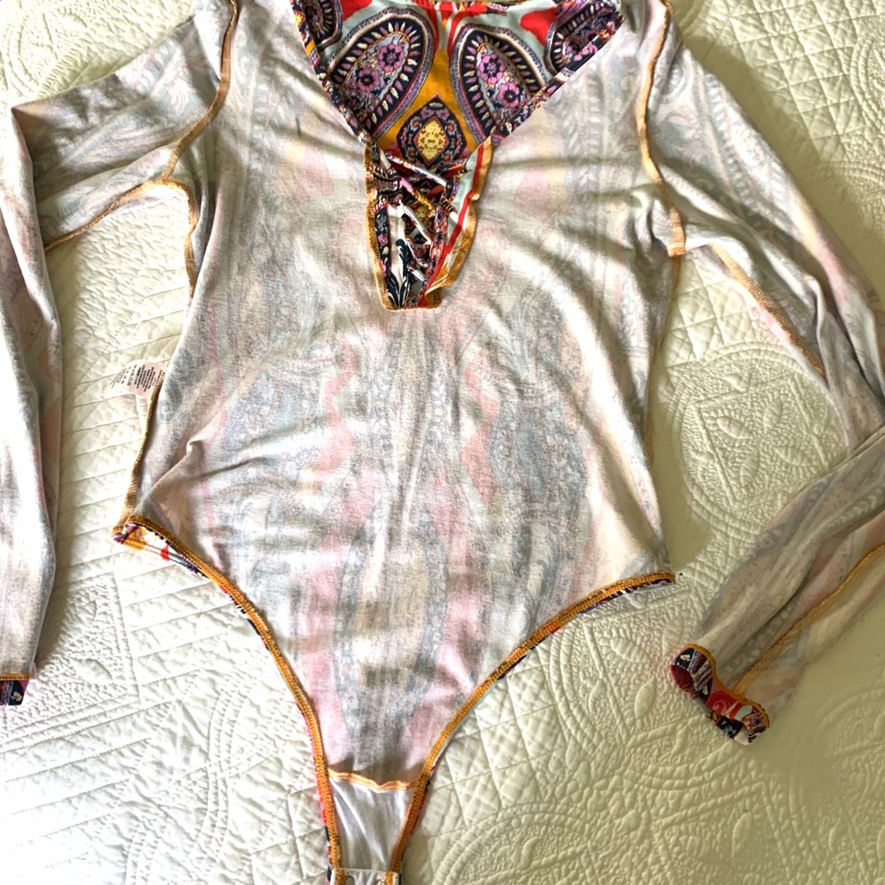 Free People Bodysuit Long Sleeve Top Boho Hippie Top Sz M - Picture 8 of 12